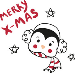 cute christmas banner with penguin with knitted scarf, christmas ready banner, penguin, merry christmas