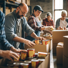 People sorting donated canned goods from a food drive  - obrazy, fototapety, plakaty