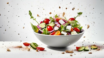 Fresh ingredients for Greek salad falling into bowl on white background 