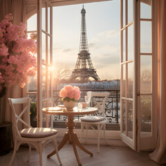 View of the Eiffel Tower from a hotel window with a table and chairs setup 