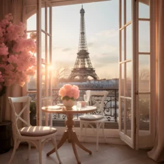 Fotobehang View of the Eiffel Tower from a hotel window with a table and chairs setup  © PixelHD