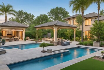 Fototapeta premium Expansive backyard with a pool, outdoor kitchen, and landscaped gardens. Luxurious outdoor living space for entertaining and relaxation
