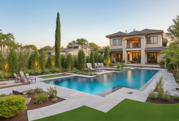 Obraz premium Expansive backyard with a pool, outdoor kitchen, and landscaped gardens. Luxurious outdoor living space for entertaining and relaxation