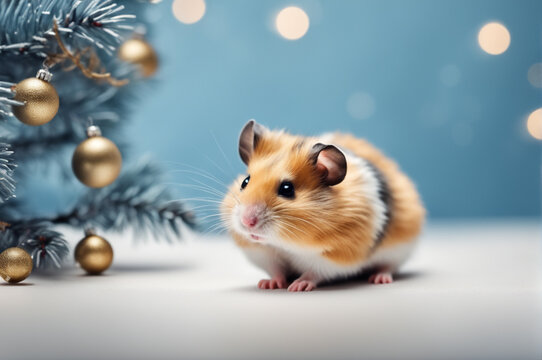 Cute hamster near a Christmas tree with Christmas toys. Space for text. Blue background. Generative AI illustration