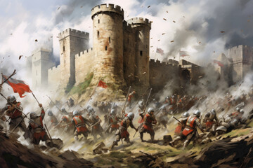 Illustration of a medieval castle under siege.  - obrazy, fototapety, plakaty