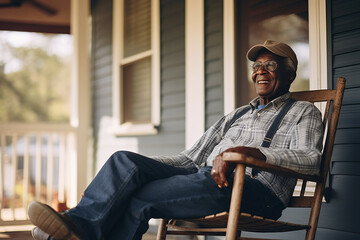 Senior citizen sitting on a front porch in a chair.  - obrazy, fototapety, plakaty