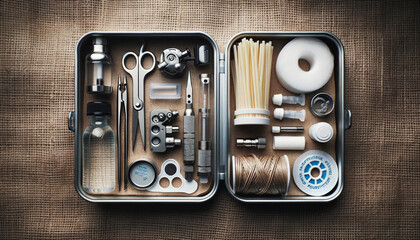 Photo réaliste d'un kit de survie compact dans une boîte métallique, avec ses outils disposés autour : une pince multifonction, un filtre à eau, une boussole et des pastilles purificatrices. 