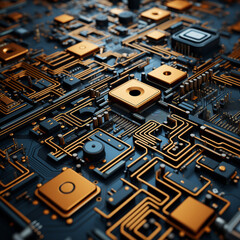 Abstract technology background of a quantum computing system with processors, artificial intelligence digital neurons, electronic circuit, connected cells and global data network