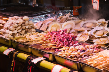 Display of raw seafood at the Nishiki market in Kyoto, Japan