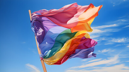 lgbt flag flying, with a blue sky in the background