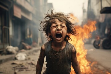 Heartbreaking Image of a Crying Child in a War-Torn City After Bombing - obrazy, fototapety, plakaty