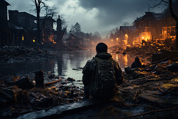 Mature man with a backpack is sitting on the street of an apocalyptic ruined city on a dank rainy afternoon in autumn