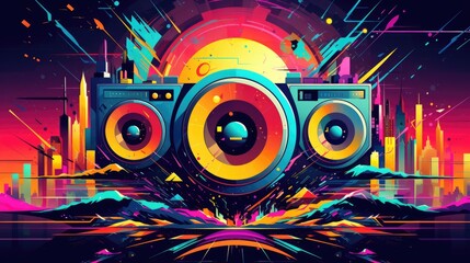 A colorful illustration of a boombox with a city in the background. Vibrant pop art image.