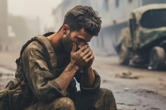 Heartbreaking Image of a Soldier Crying in a War-Torn City Street