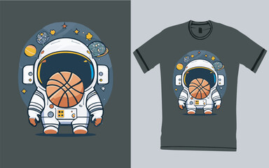 Astronaut playing basketball t-shirt design ready for print, spaceman symbol, outer space, astronaut costume, basketball. vector illustration