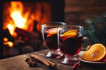 Christmas hot mulled red wine with spices and fruits on a wooden rustic table against the backdrop of a burning fireplace. Traditional hot alcoholic drink for Christmas. winter warming drink. - obrazy, fototapety, plakaty