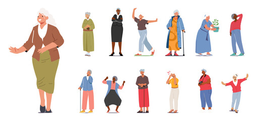 Fototapeta na wymiar Set Of Senior Female Characters Lifestyle. Old Women Dance, Feel Pain, Use Photo Camera And Care Of Houseplants