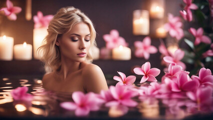 Beautiful woman touching happiness in nature, spa style concept.