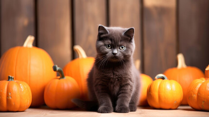 Cute gray kitten sits near orange pumpkins on white background. Halloween or Thanksgiving theme.