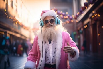 Santa Clause walking city streets enjoying listen good music on headphones. Casual relaxed scene with senior santa in pastel pink clothes.