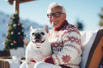 An elderly man sits in a chair and holds a small French bulldog in his arms. Senior man and his pet dog enjoy sitting on a chair on the terrace of a mountain house. Sunny winter day. - Powered by Adobe