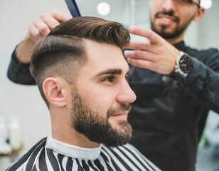 Fototapeta premium handsome model man with a beard in the hairdresser barbershop salon gets a new haircut