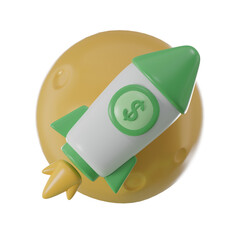 3d flying space rocket with money coin.