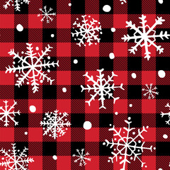 Cute red and black buffalo plaid Lumberjack snowflake seamless pattern, Christmas vector background