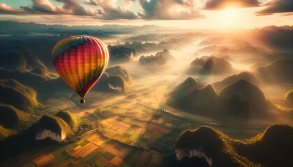 A hot air balloon floating in the sky among natural beauties.
