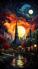 A painting of a city at night with a full moon. AI image.