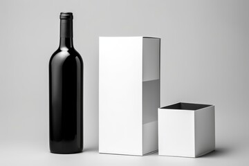 Blank black and white rectangular wine box with bottle mockup - obrazy, fototapety, plakaty