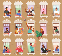Neighbor Characters In Open Windows Share Stories, Laughter, And Occasional Glimpses Of Daily Life, Vector Illustration