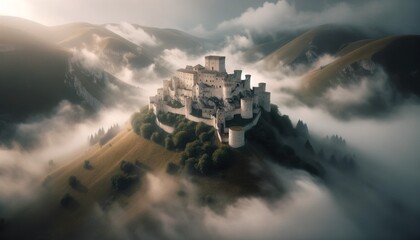 Fototapeta premium View of the ancient castle covered in fog on a hill.