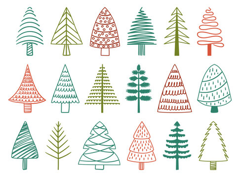 Festive Doodle Christmas Trees Set, Whimsical And Creative Pine And Spruce Tree Designs, Cartoon Hand Drawn Illustration