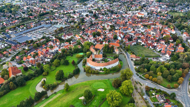 Aerial drone view water castle Wasserschloss Burgsteinfurt Steinfurt, North Rhine-Westphalia, Germany.