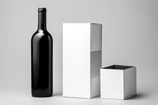 Blank black and white rectangular wine box with bottle mockup