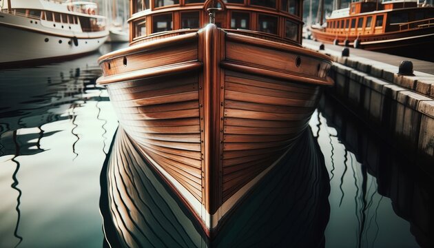 Images of wooden vintage boats docked in the harbor and glistening on the water.