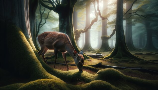 A deer grazing alone among tall, moss-covered trees in a forest.