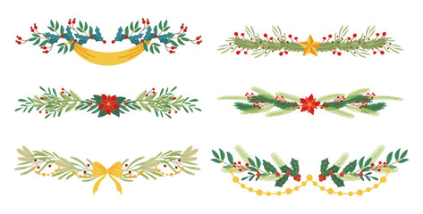 Christmas Garlands, Twinkling Border Strands Of Evergreen Plants, Adorned With Stars, Ribbons And Lights