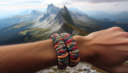 Vue en gros plan d'un bracelet paracorde multicolore enroulé sur un poignet, montrant les détails de la tresse et les fibres. L'arrière-plan est un paysage montagneux flou.