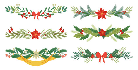 Set Of Christmas Decorative Borders, Enchanting Fir Tree Garlands Of Mistletoe Or Poinsettia Branches, Ribbons And Bows - obrazy, fototapety, plakaty