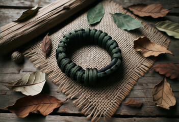 Photo réaliste d'un bracelet paracorde noir et vert enroulé sur une surface en bois rustique avec des feuilles sèches dispersées autour. L'arrière-plan est flou et montre une texture de toile de jute.