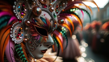 Obraz premium Close-up masked performers at a live carnival ceremony.