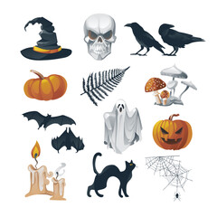 Vector realistic set of happy halloween elements hat, skull, crow, raven, pumpkin, ghost, spiderweb, mushrooms, candles, banner template isolated on white background