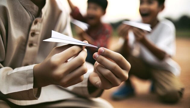 Close-up hands of a child meticulously folding a piece of paper to make his airplane.