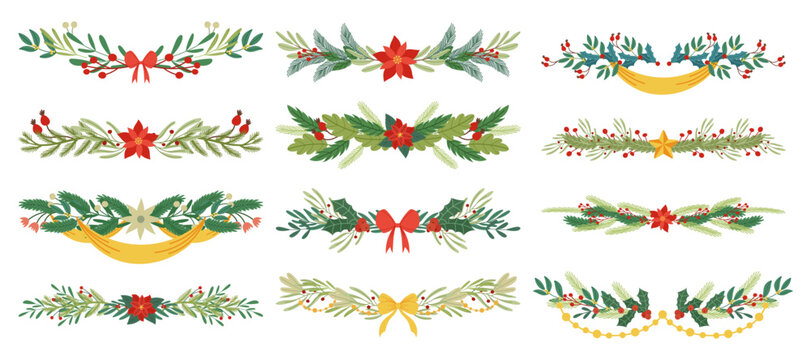 Elegant Christmas Borders Adorned With Festive Motifs Like Holly Berry, Mistletoe, Fir Tree Branches And Bows