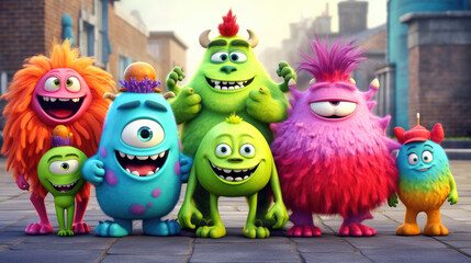 Obraz premium Cute Furry fluffy colorful Monsters, cartoon 3d, alien monster illustration, on street background.