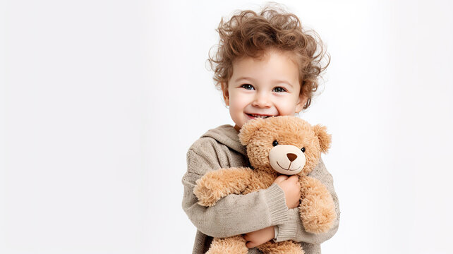 smiling curly Child hugging plush teddy bear on beige background with copy space. cute adorable kid embrace teddy bear.