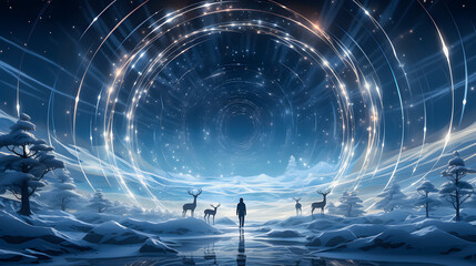 Winter snowy night scenery. White snow covering fields and trees. Christmas atmosphere. Reindeers. Christmas concept. Christmas banner illustration. Winter Fairy Tale Atmosphere. Generative AI