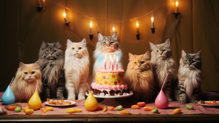 The cat is celebrating her birthday with her feline friends, as all the little furry pals bring gifts, creating joy at the party.